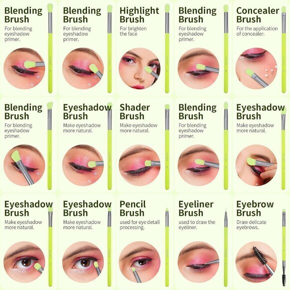 Docolor Eyeshadow Brush Set 15Pcs Green Eye Makeup Synthetic Brushes With  Case - Picture 6 of 12